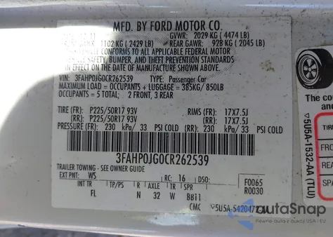2012 Ford Fusion Sel z USA, uszkodzony, nr VIN 3FAHP0JG0CR262539